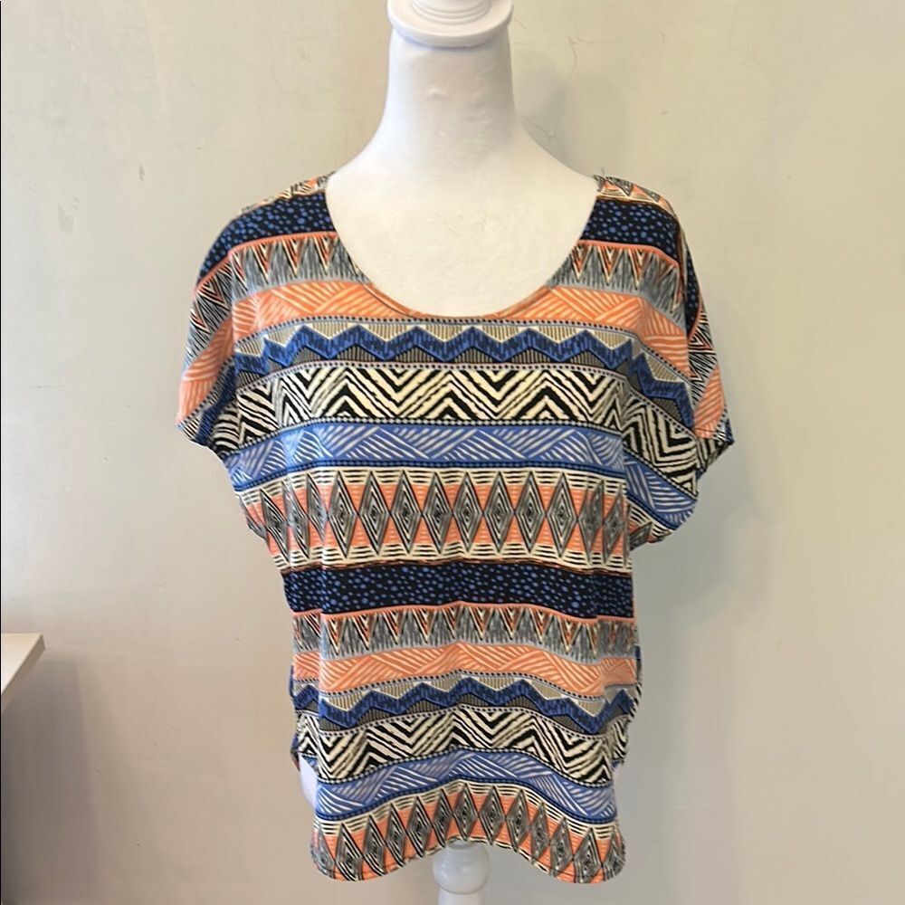 Alice Blue orange black blue patterned cap sleeve blouse Size M EUC